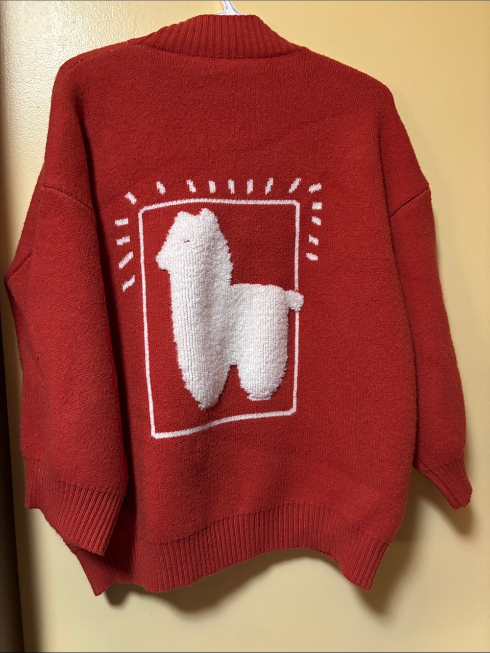 Women’s Red Llama Pocket Cardigan Sweater - Picture 2 of 2